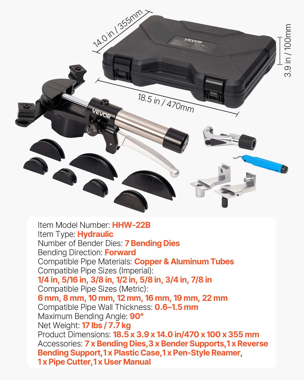 Hidraulinis vamzdžių lenkimo rinkinys VEVOR HHW-22B, 6–22 mm