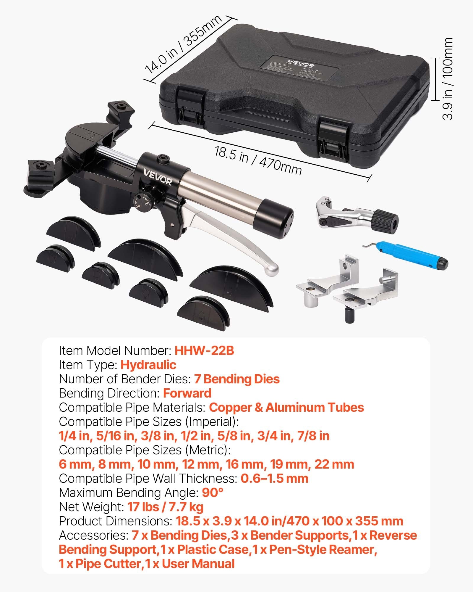 Hidraulinis vamzdžių lenkimo rinkinys VEVOR HHW-22B, 6–22 mm