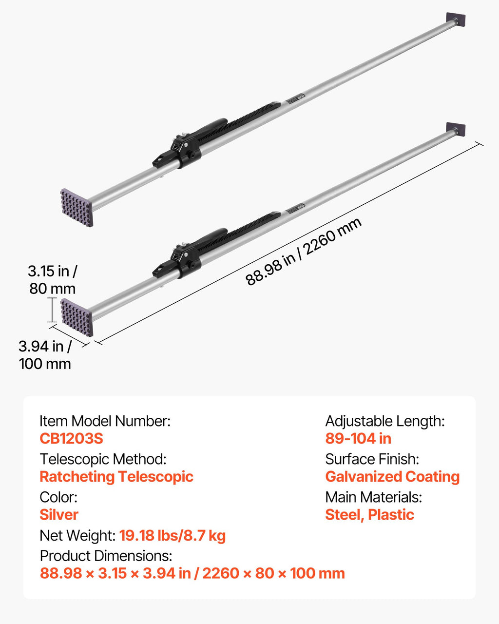 Krovinių tvirtinimo strypas VEVOR CB1203S, 2261–2642 mm