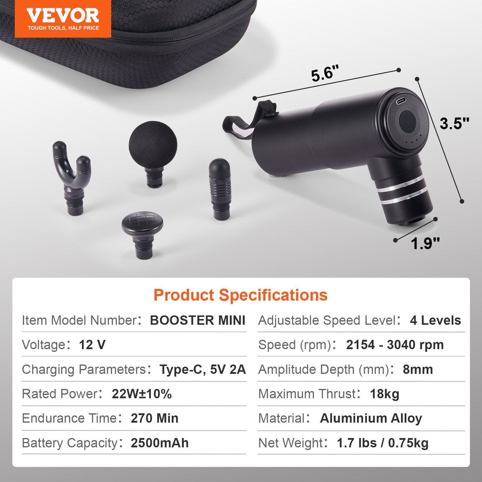 Masažo pistoletas VEVOR Booster Mini, 2500 mAh