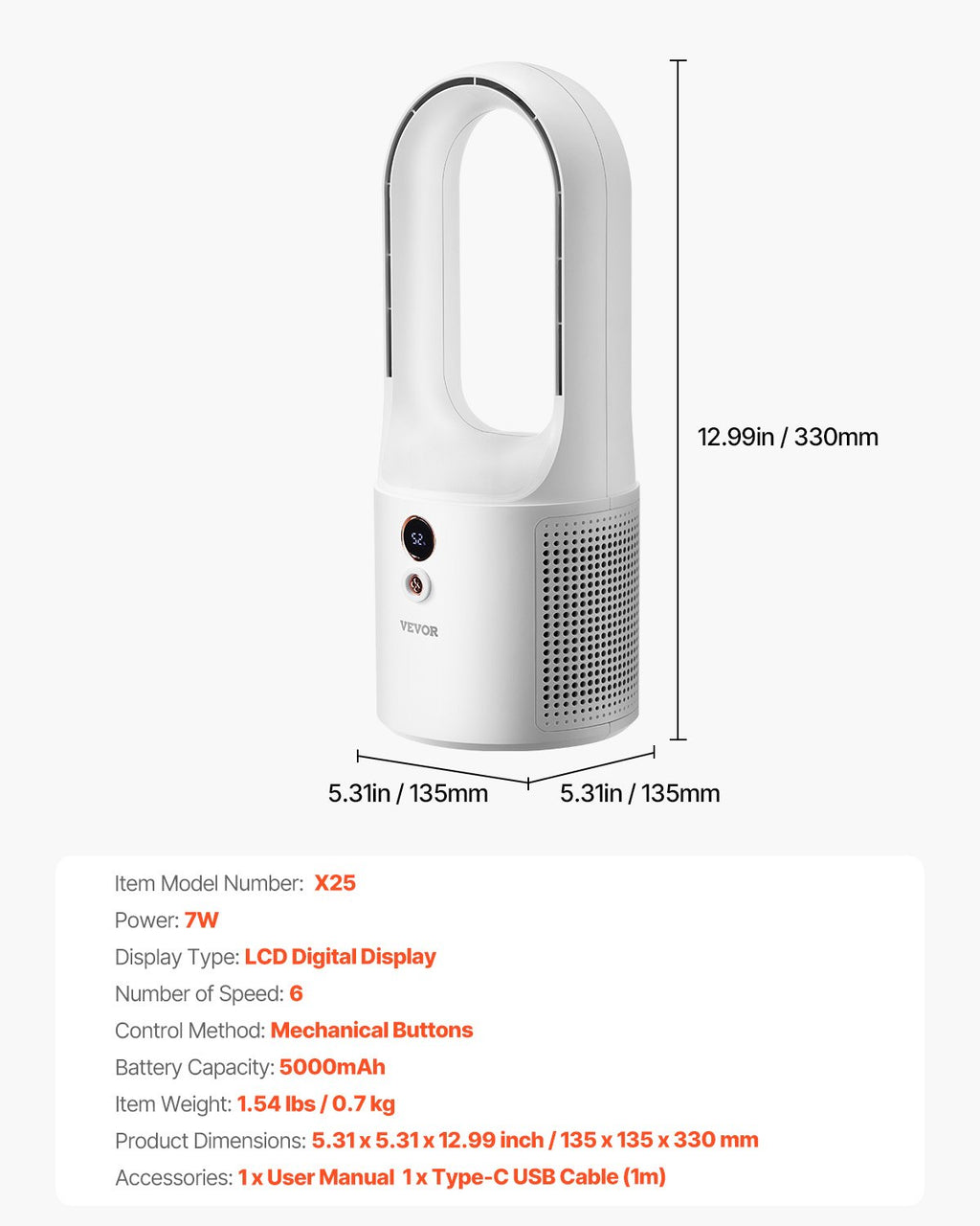 Stalinis bementilis ventiliatorius VEVOR X25, 5000 mAh baterija