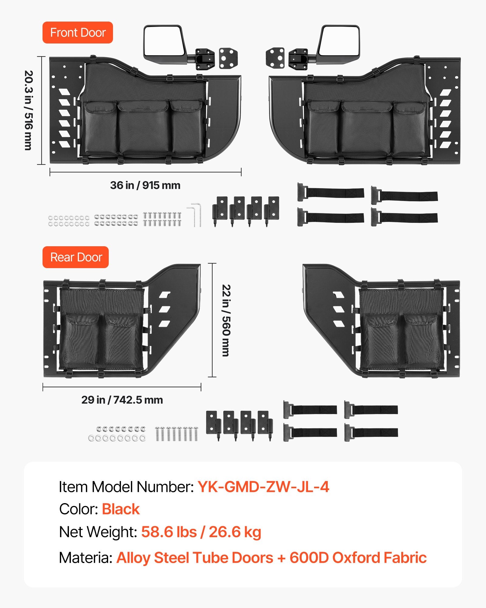 Vamzdinės durys visureigiams VEVOR Jeep Wrangler JL / Gladiator JT, 4 durų komplektas