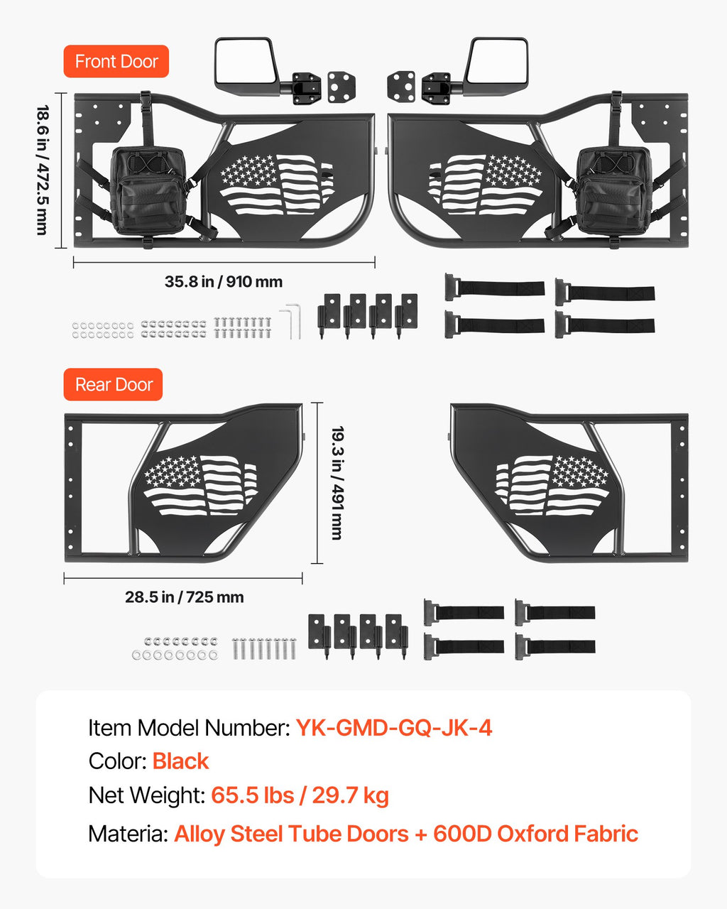 Vamzdinės durelės visureigiams VEVOR Jeep Wrangler JK Unlimited (2007-2018), 4 durų komplektas