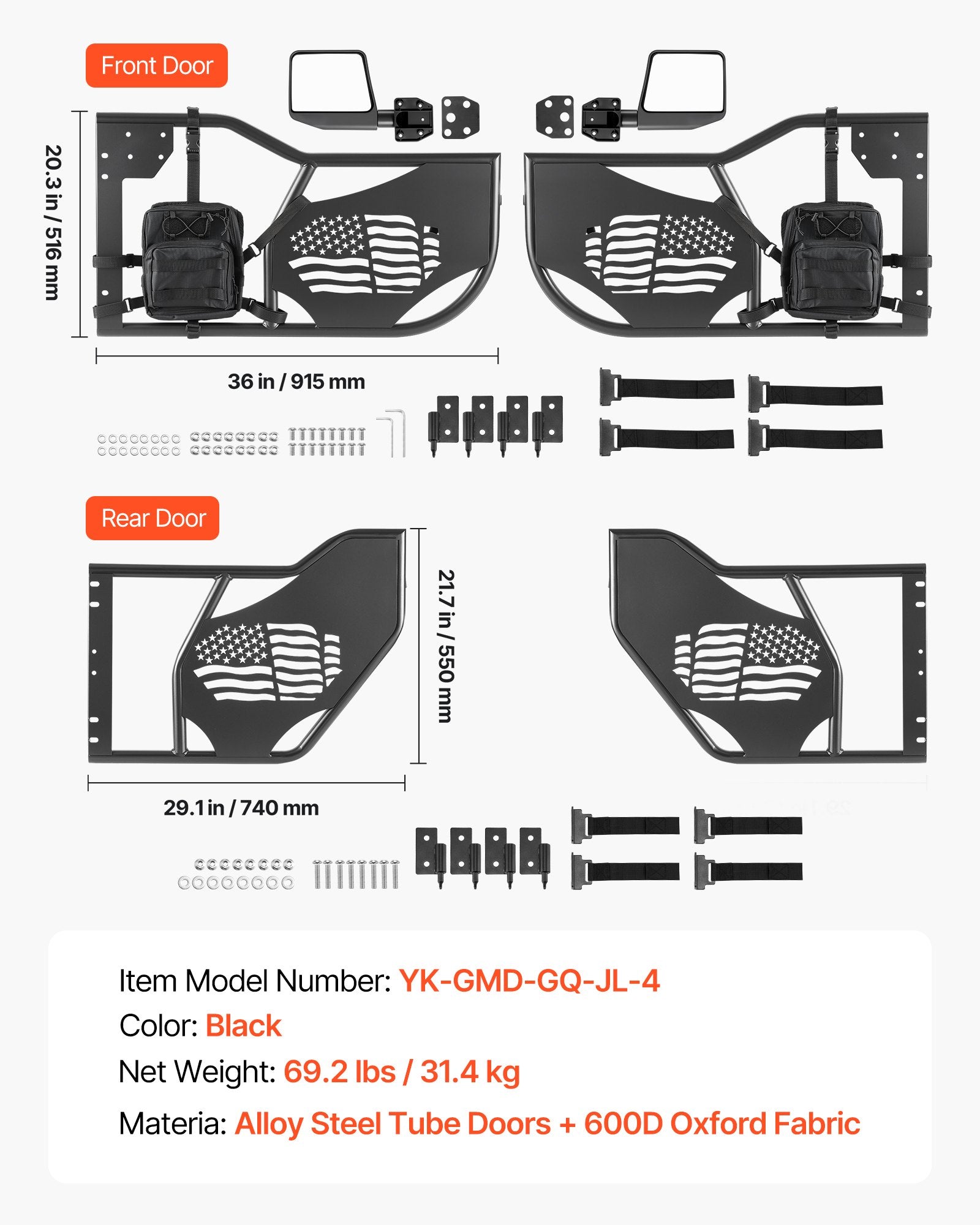 Vamzdinės durys VEVOR Jeep Wrangler JL / Gladiator JT, 4 durų komplektas