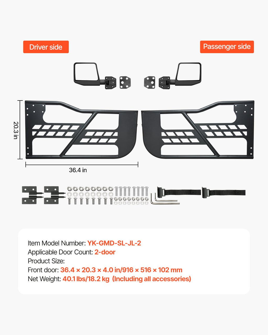 Vamzdinės durys VEVOR Jeep Wrangler JL / Gladiator JT, 2 durų komplektas