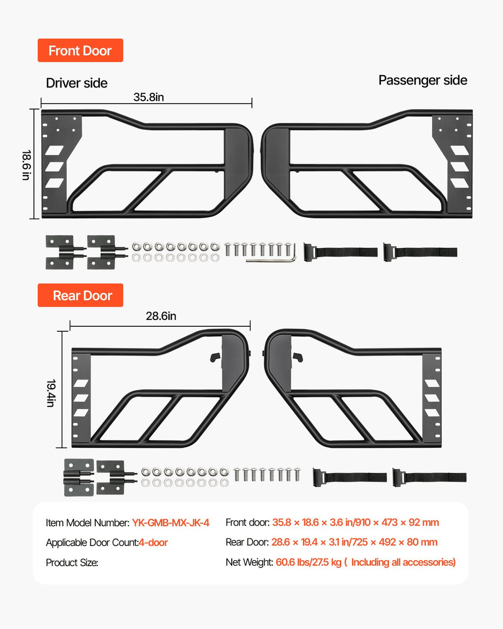 Vamzdinės durelės VEVOR Jeep Wrangler JK, 4 durų komplektas