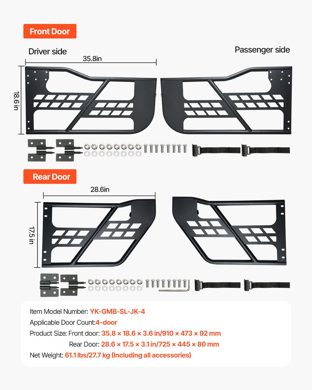 Vamzdinės durys VEVOR Jeep Wrangler JK (2007-2018), 4 durų komplektas