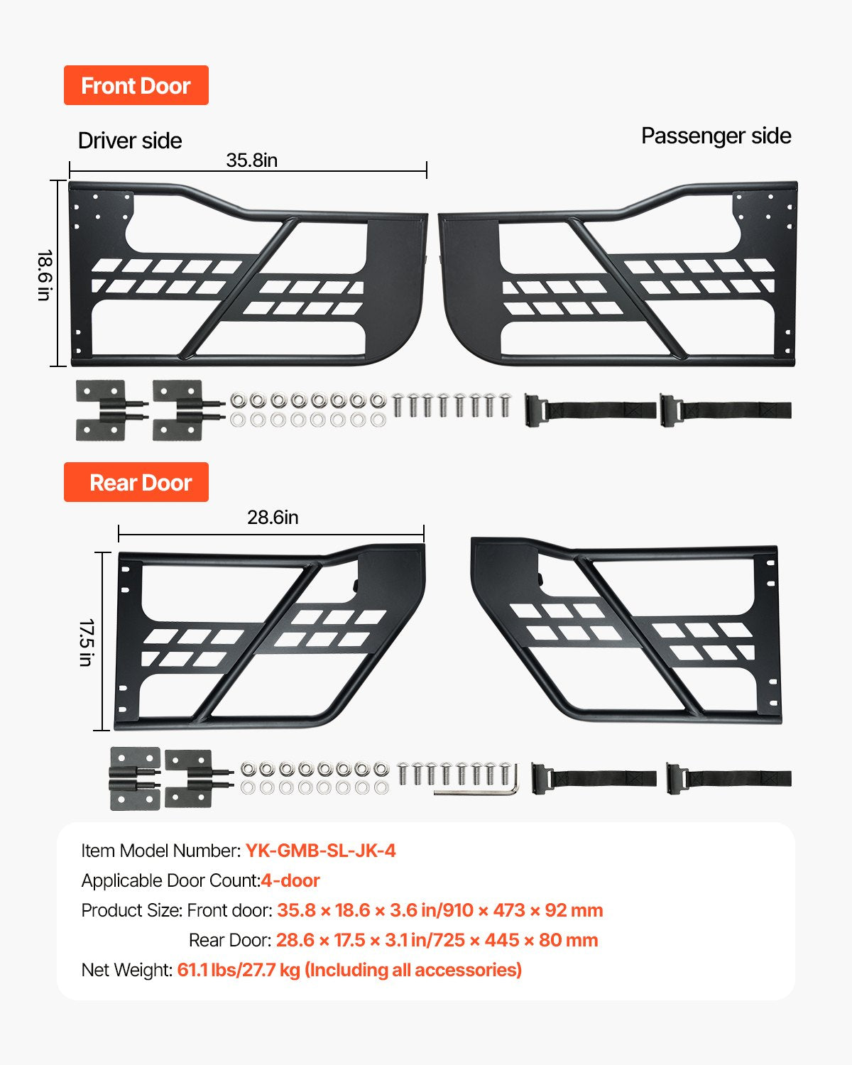 Vamzdinės durys VEVOR Jeep Wrangler JK (2007-2018), 4 durų komplektas
