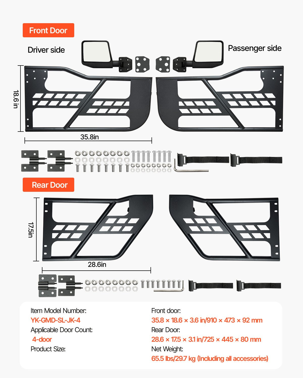 Vamzdinės durys VEVOR Jeep Wrangler JK (2007-2018), 4 durų komplektas