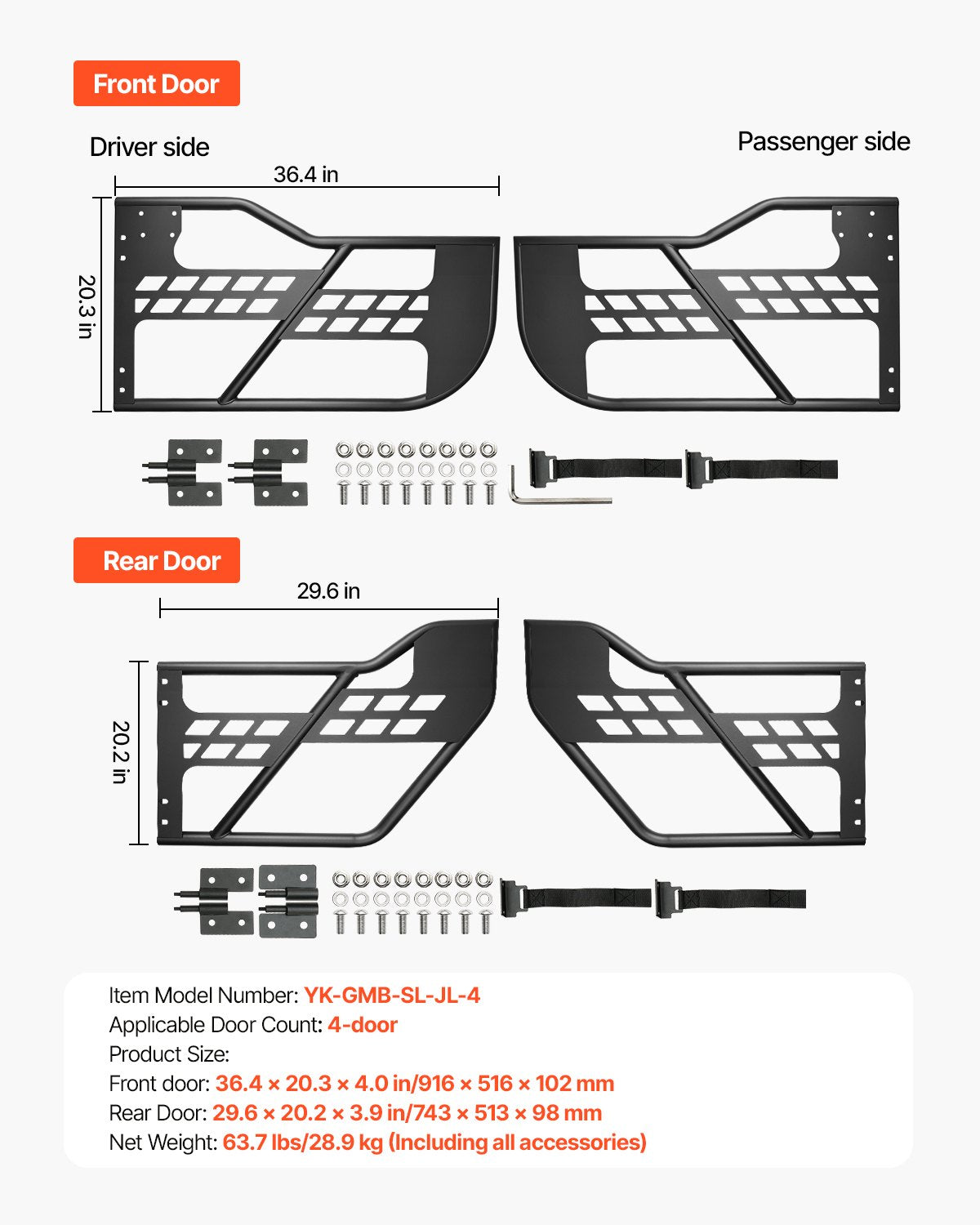 Vamzdinės durys visureigiams VEVOR Jeep Wrangler JL / Gladiator JT, 4 durų komplektas