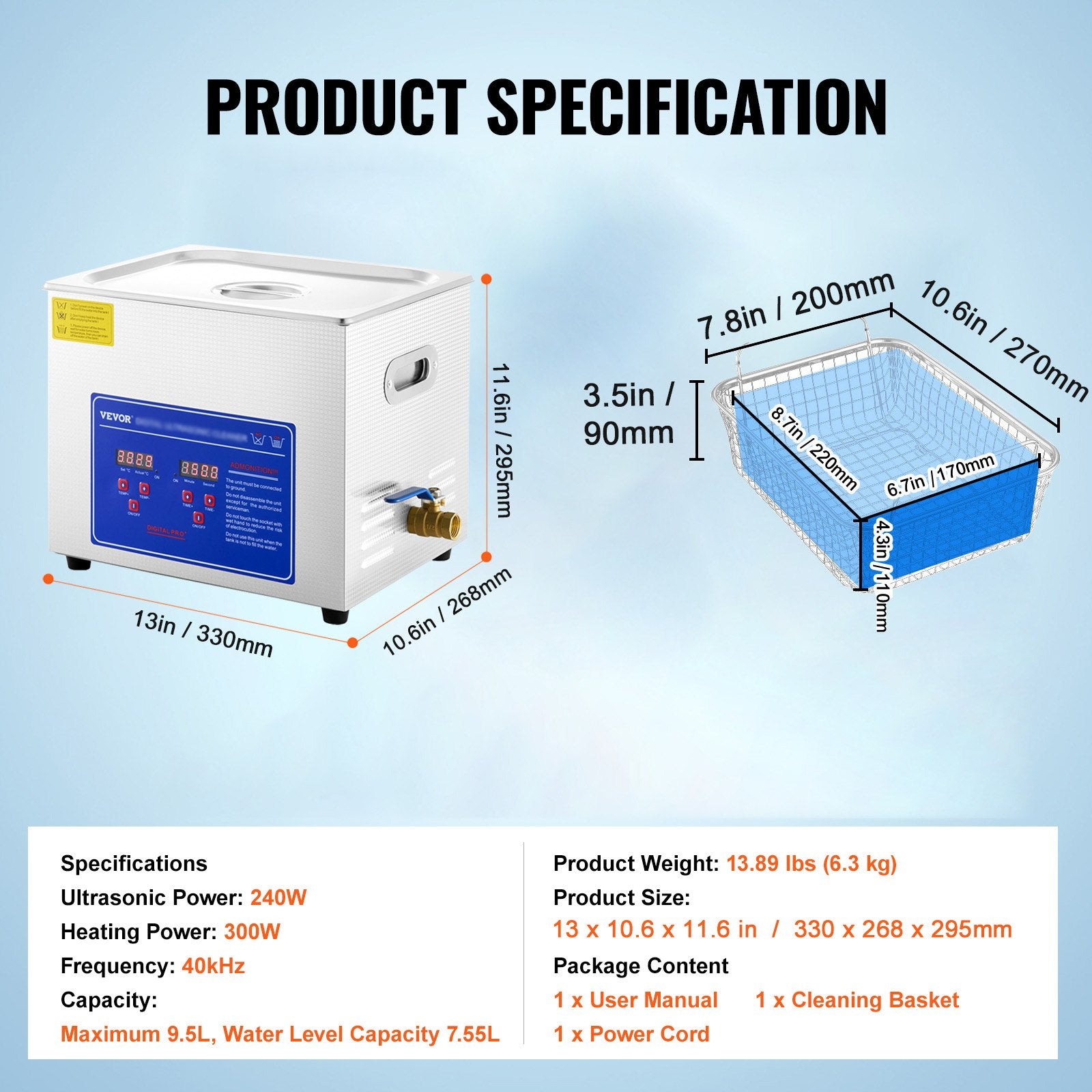 Ultragarsinė vonelė VEVOR Professional, 10 l