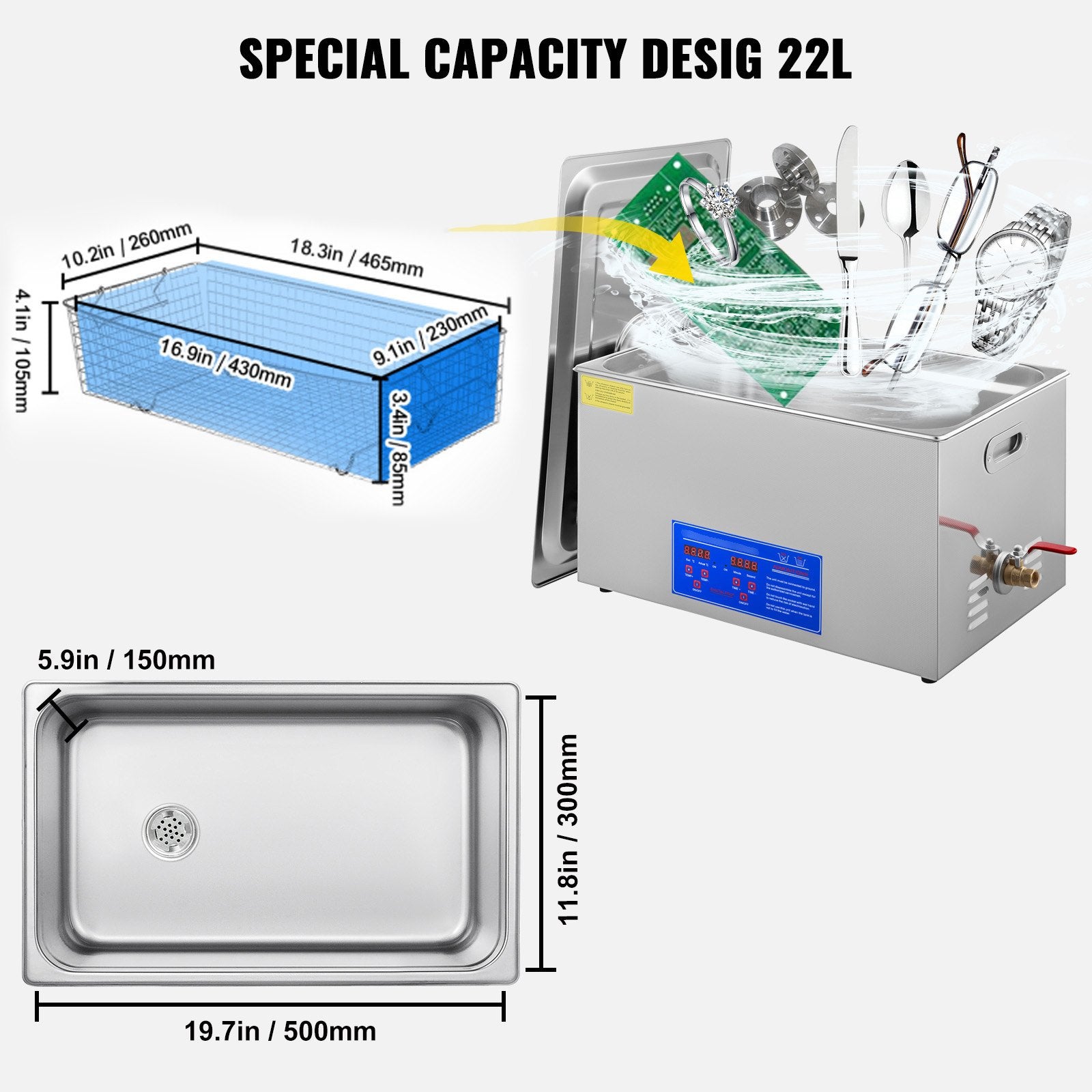 Ultragarsinė valymo vonelė VEVOR 22L, 480W
