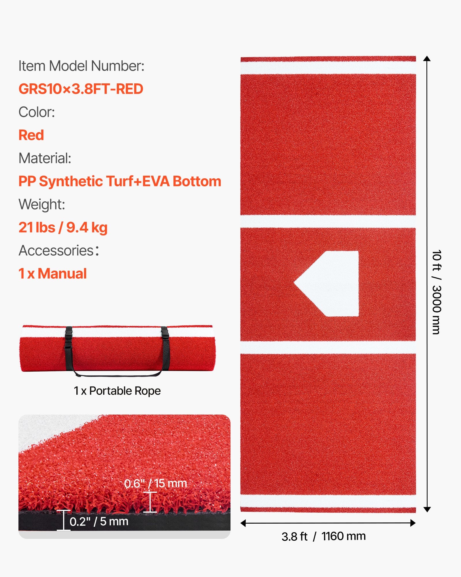 Beisbolo mušimo kilimėlis VEVOR GRS10x3.8FT-RED, 300x116 cm