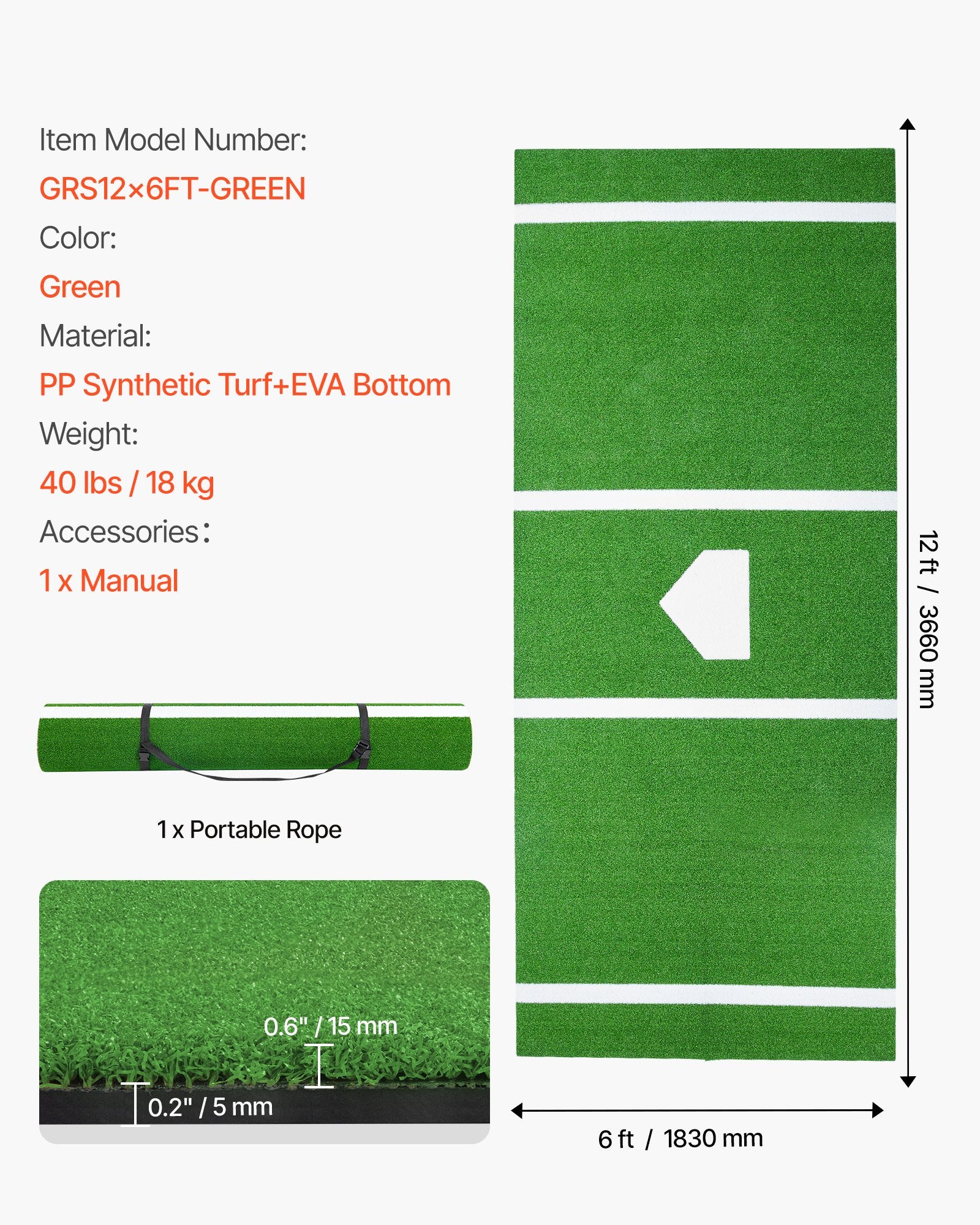 Beisbolo mušimo kilimėlis VEVOR GRS12x6FT-GREEN, 366x183 cm