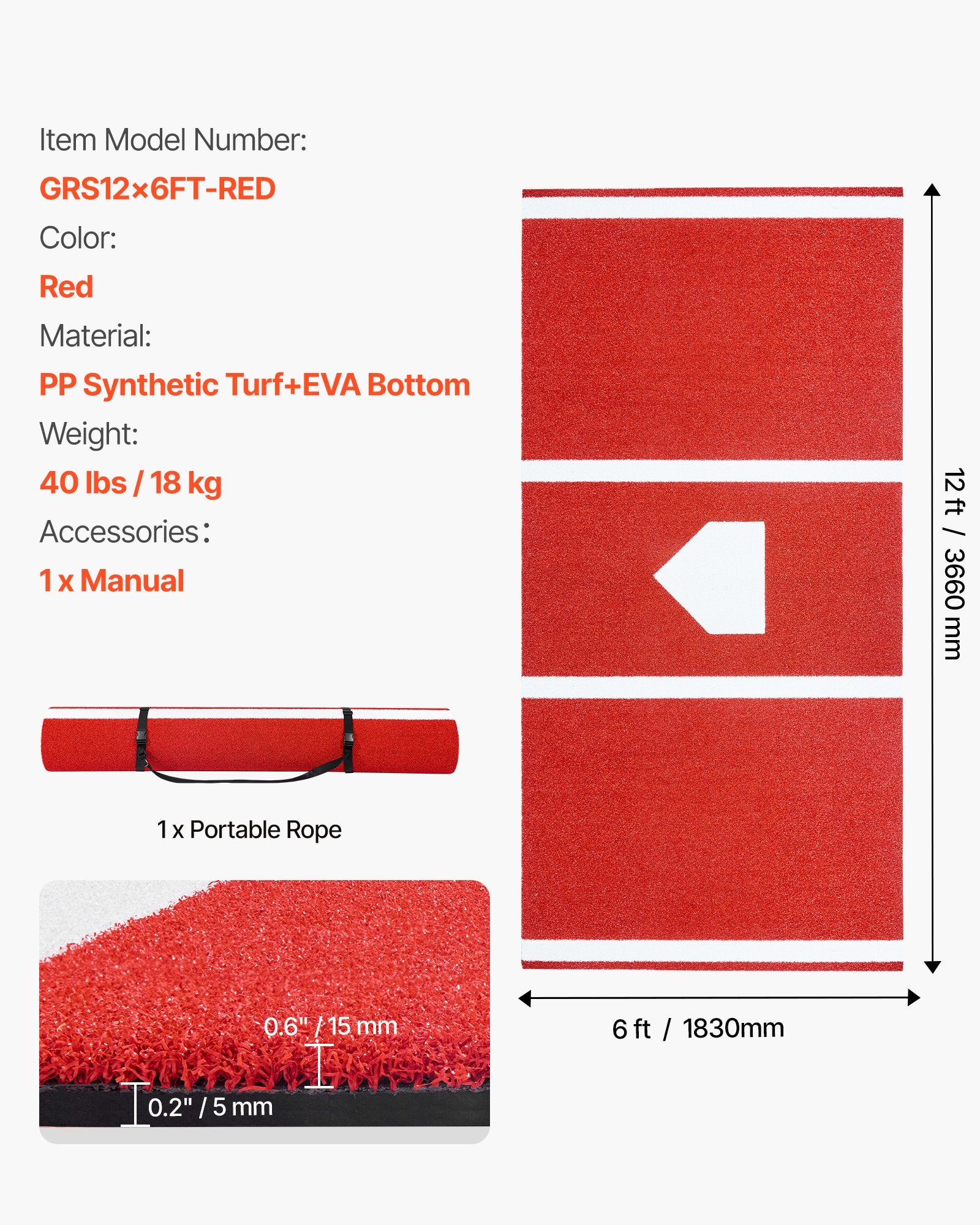 Beisbolo mušimo kilimėlis VEVOR GRS12x6FT-RED, 366x183 cm