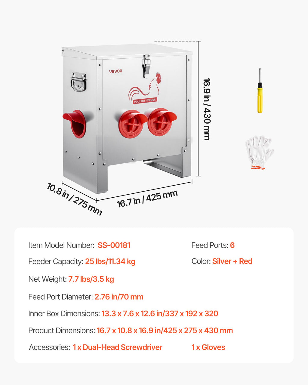 Automatinė lesykla vištoms VEVOR SS-00181, 11,34 kg talpa