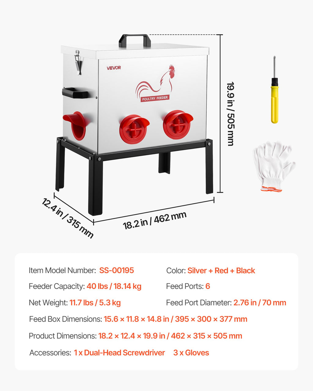 Automatinė lesykla vištoms VEVOR SS-00195, 18,14 kg talpa