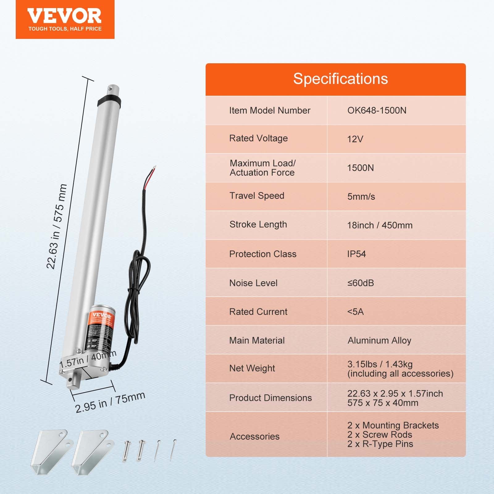Linijinis pavaros mechanizmas VEVOR OK648-1500N, 450 mm eiga