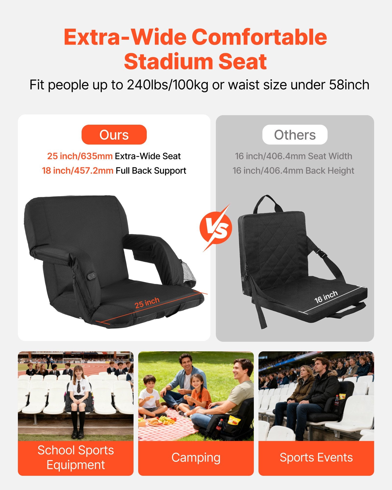Šildoma stadiono kėdė VEVOR BL-A0135MH, 635 mm