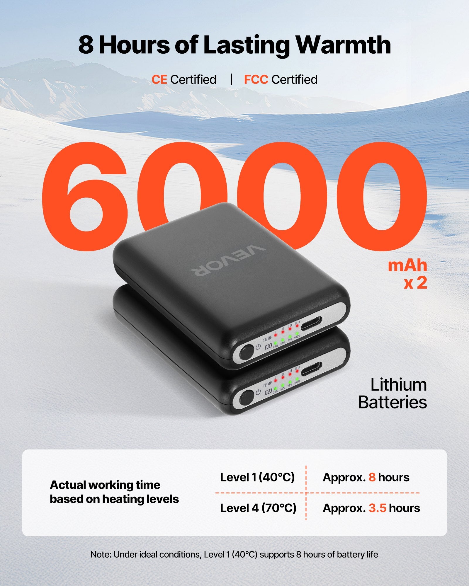 Šildomos kojinės VEVOR KEC-6000, 6000 mAh akumuliatoriai