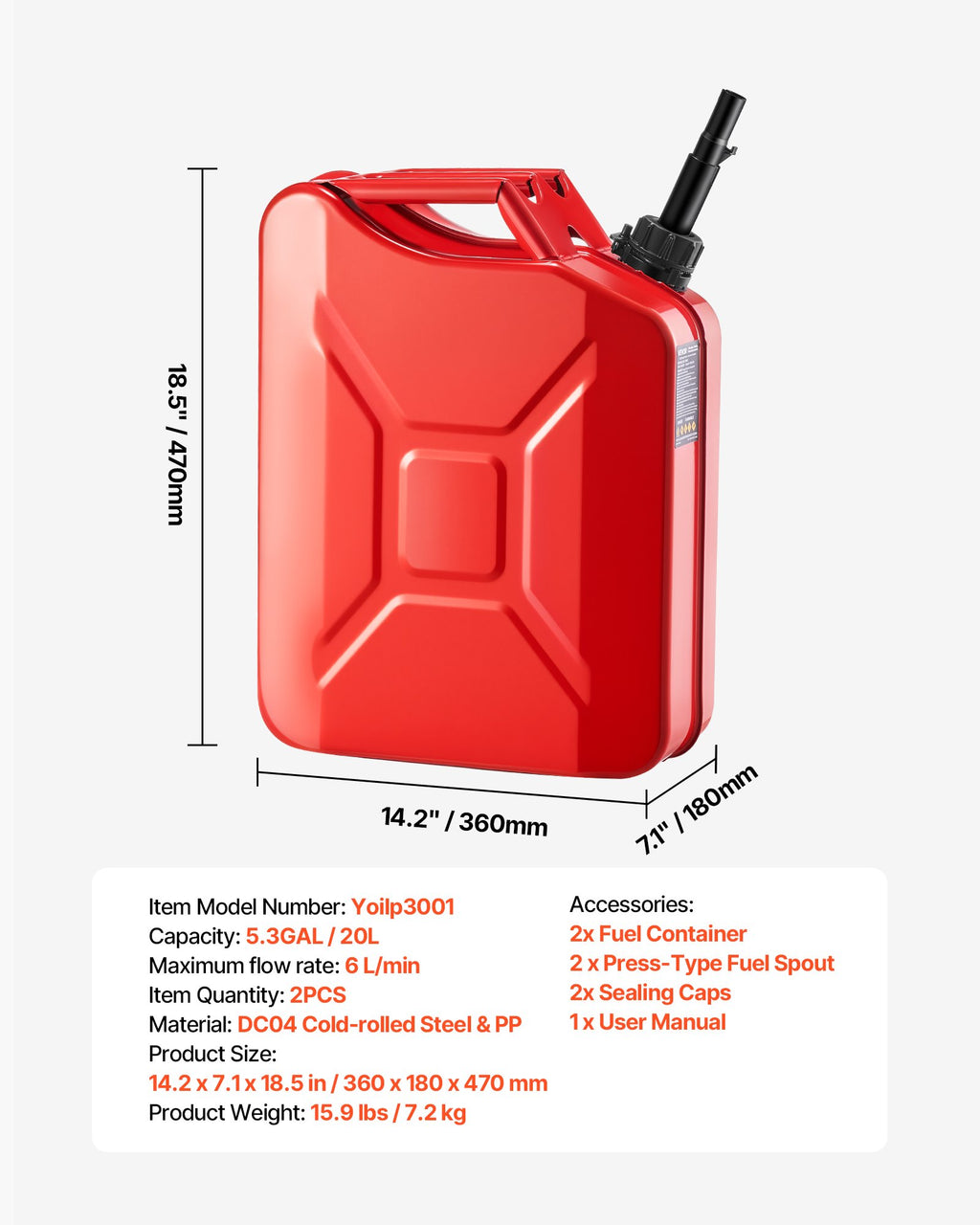 Metalinė kuro kanistrė VEVOR Yoilp3001, 20 l (2 vnt.)