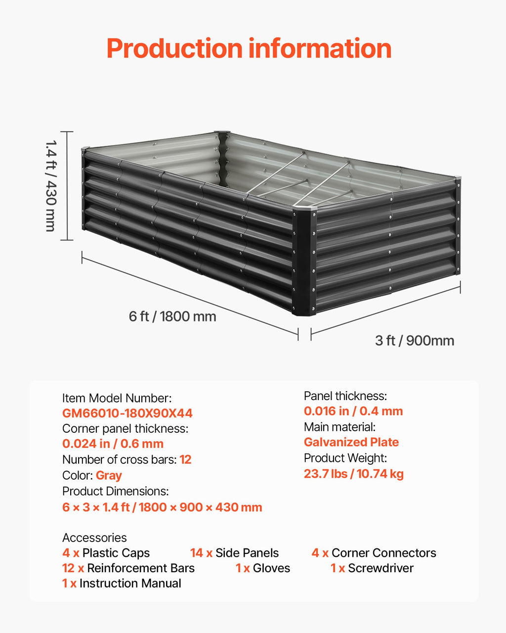Pakelta lysvė VEVOR GM66010-180X90X44, 1,8 x 0,9 x 0,4 m