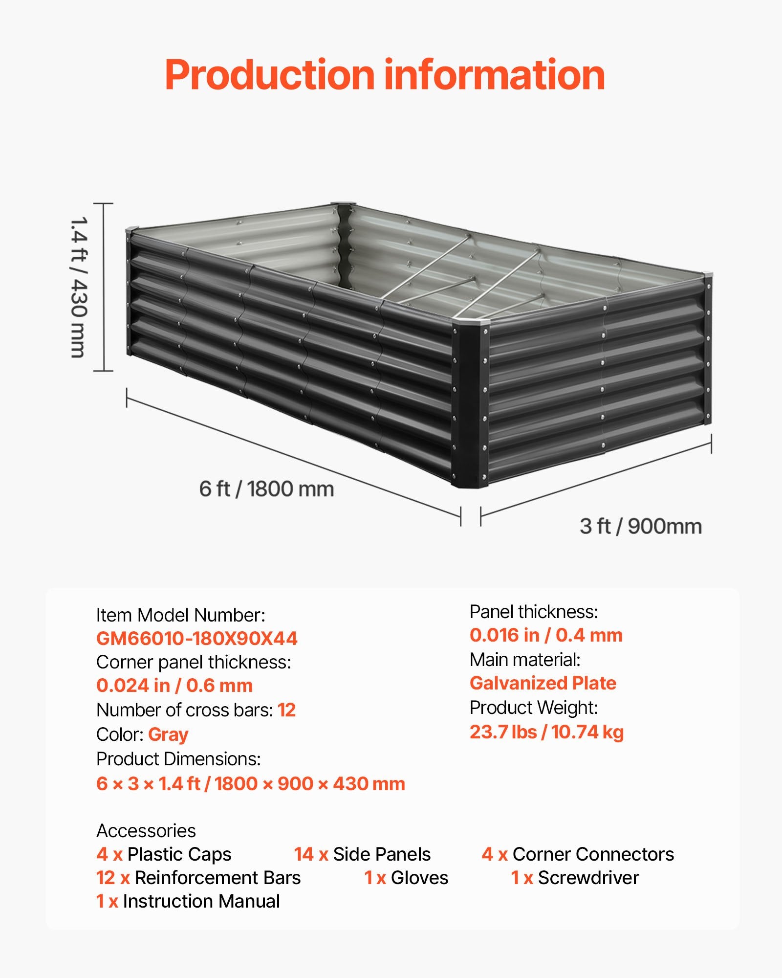 Pakelta lysvė VEVOR GM66010-180X90X44, 1,8 x 0,9 x 0,4 m