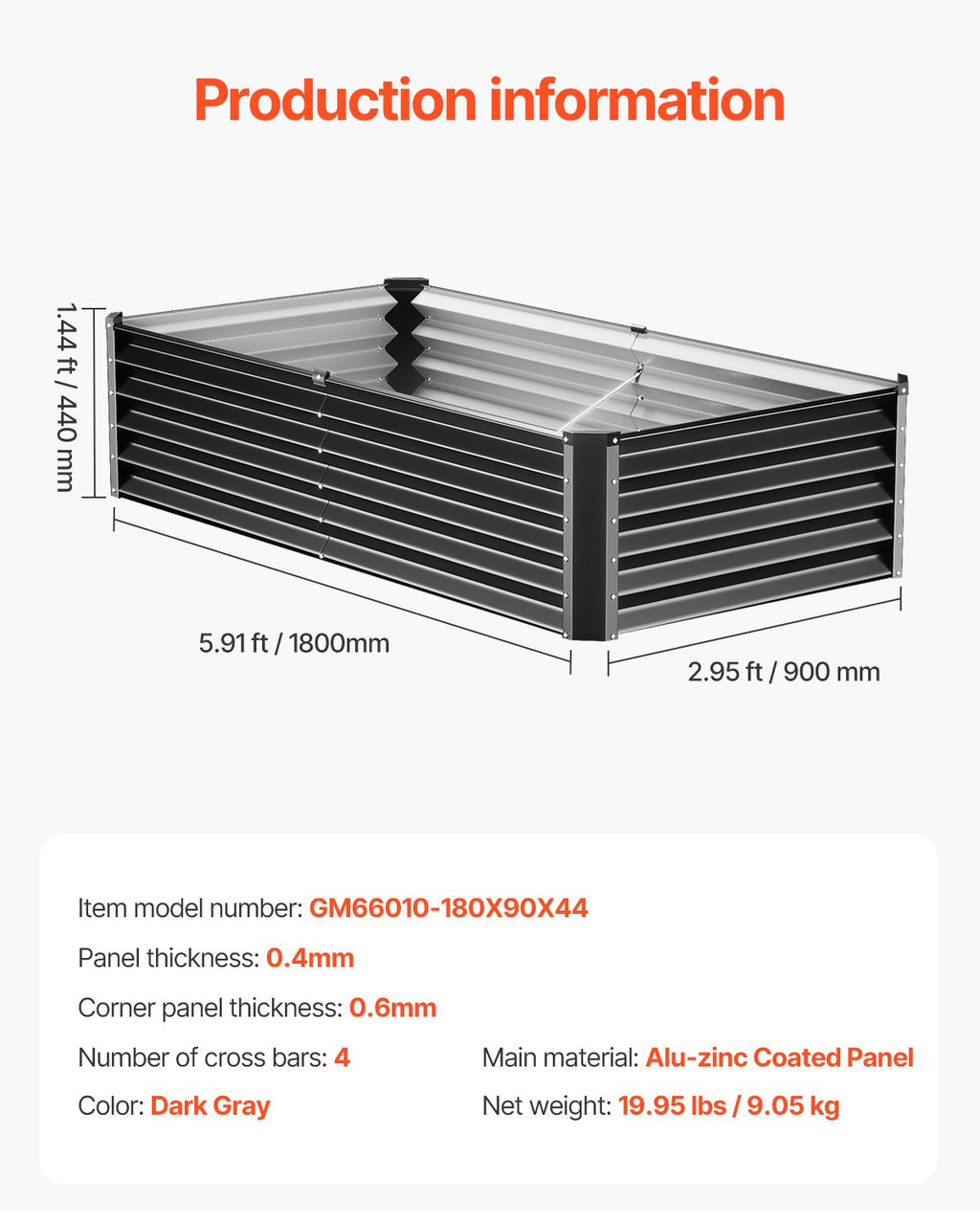 Pakelta lysvė VEVOR GM66010-180X90X44, 180x90x44 cm
