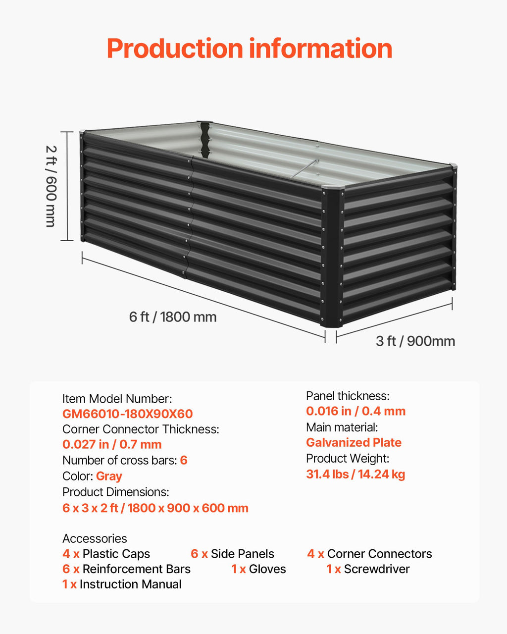 Metalinė pakelta lysvė VEVOR GM66010-180X90X60, 1,8 x 0,9 x 0,6 m