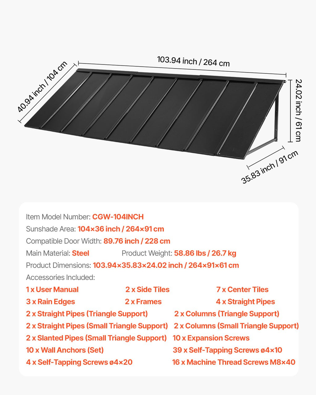 Metalinis stogelis virš durų VEVOR CGW-104INCH, 264 x 91 cm