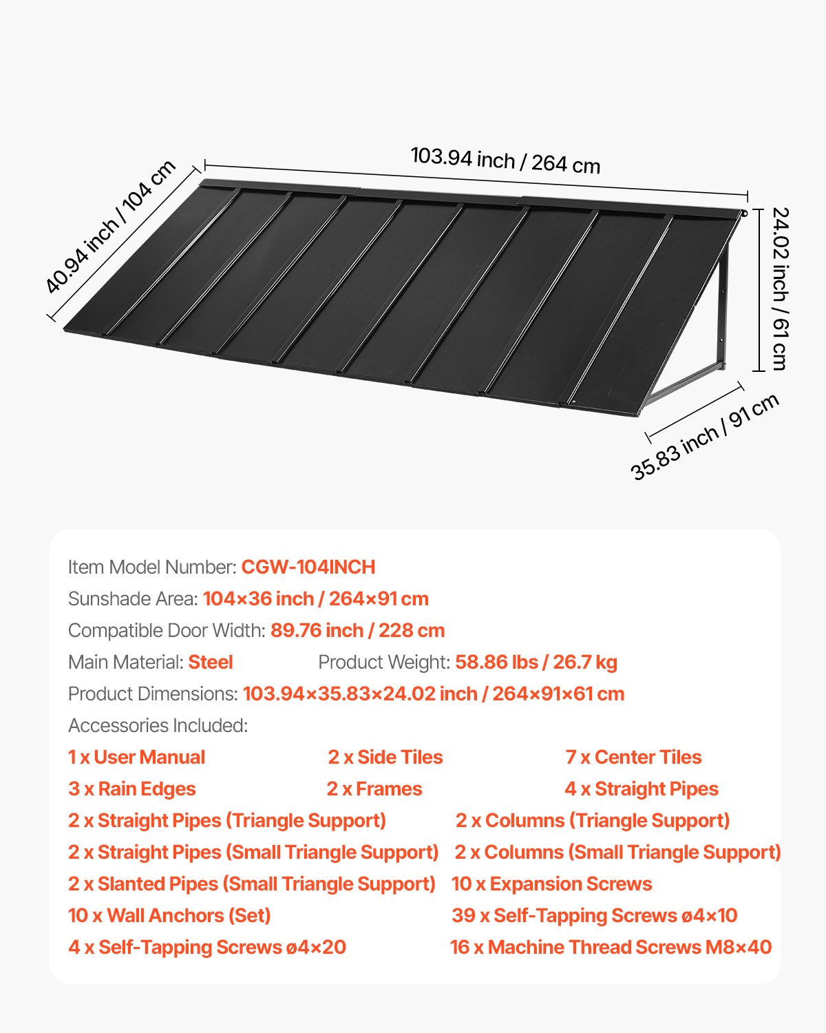 Metalinis stogelis virš durų VEVOR CGW-104INCH, 264 x 91 cm