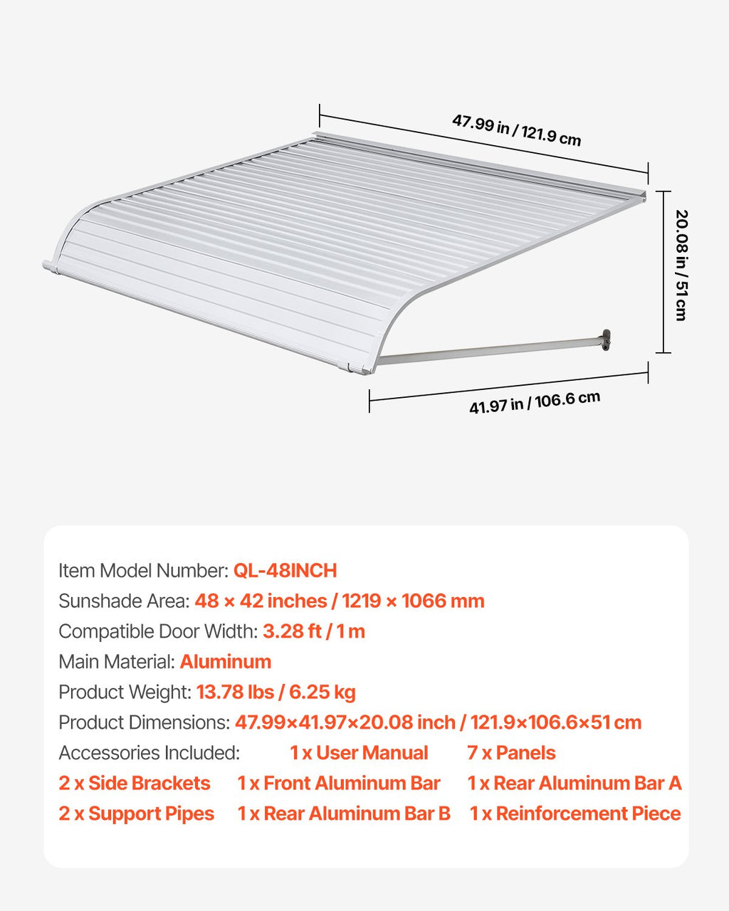 Aliuminis stogelis virš durų VEVOR QL-48INCH, 122 x 107 cm