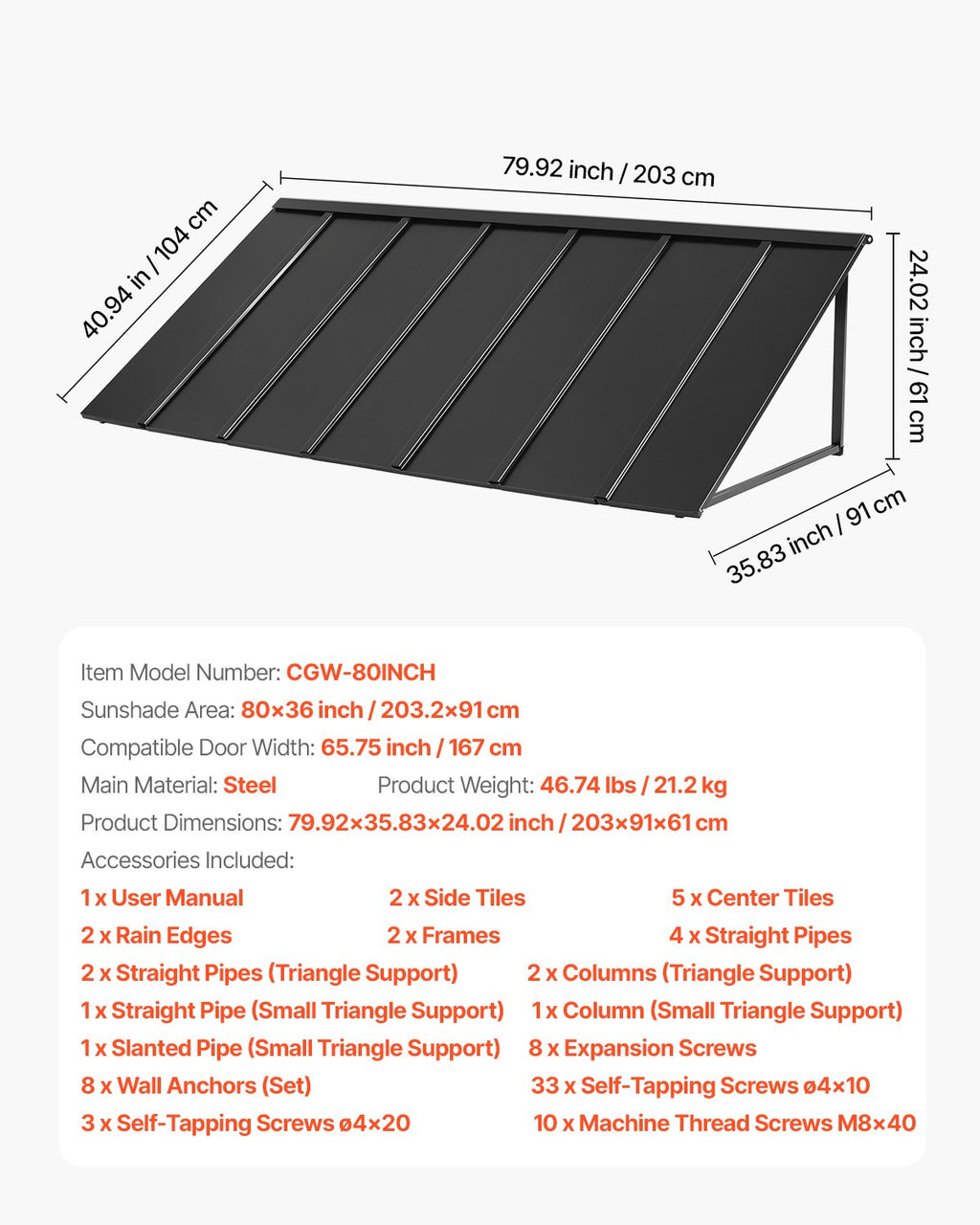 Metalinis stogelis virš durų ir langų VEVOR CGW-80INCH, 203 x 91 cm