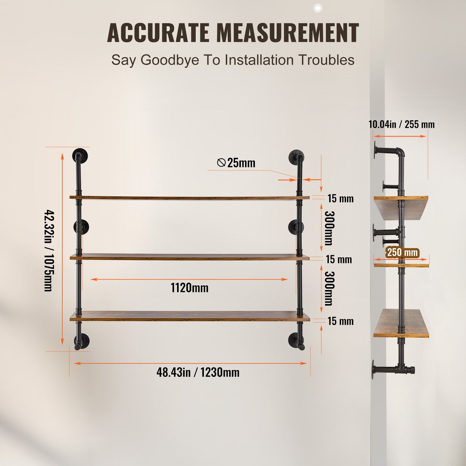 Sieninė industrinio stiliaus lentyna VEVOR WPSR-XM012, 122 cm ilgio