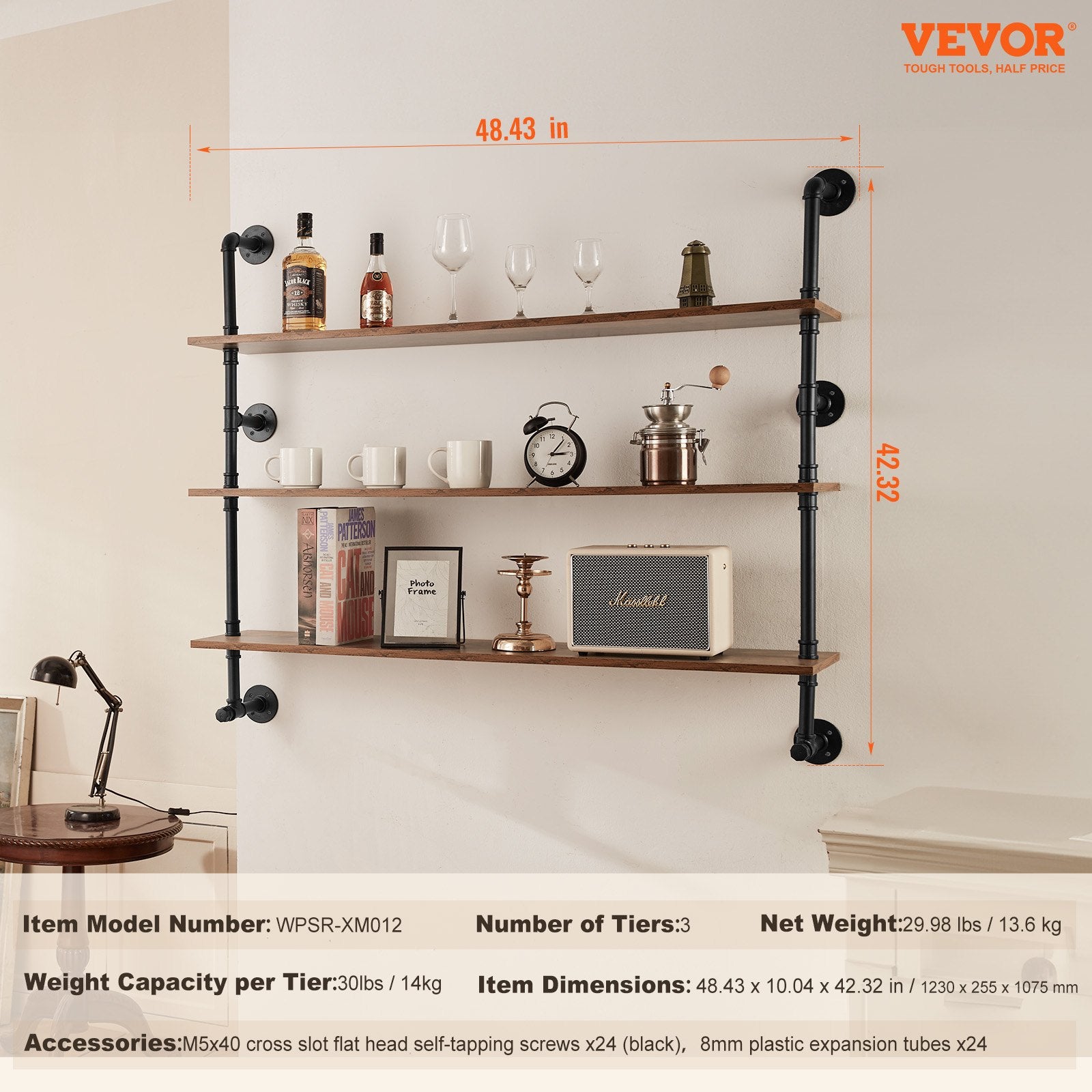 Sieninė industrinio stiliaus lentyna VEVOR WPSR-XM012, 122 cm ilgio