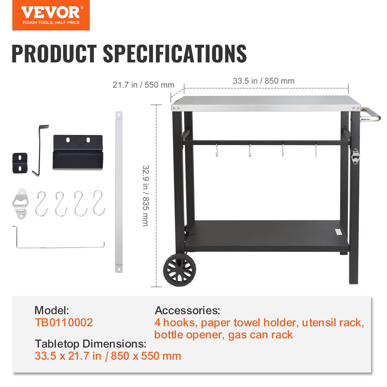 Lauko kepsninės vežimėlis VEVOR TB0110002, 850x550 mm stalviršis