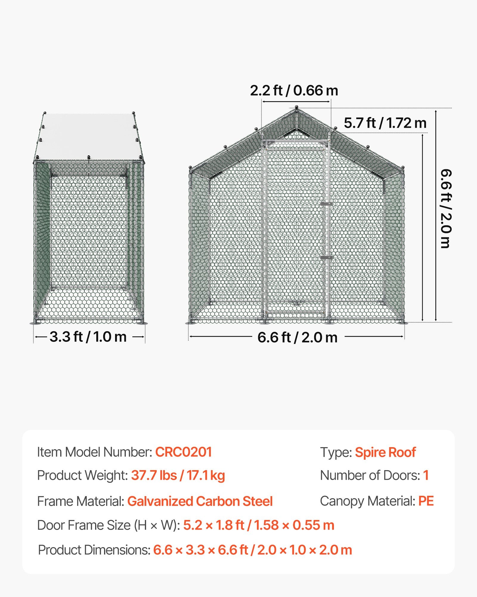 Metalinis vištidės aptvaras VEVOR CRC0201, 2 x 1 x 2 m