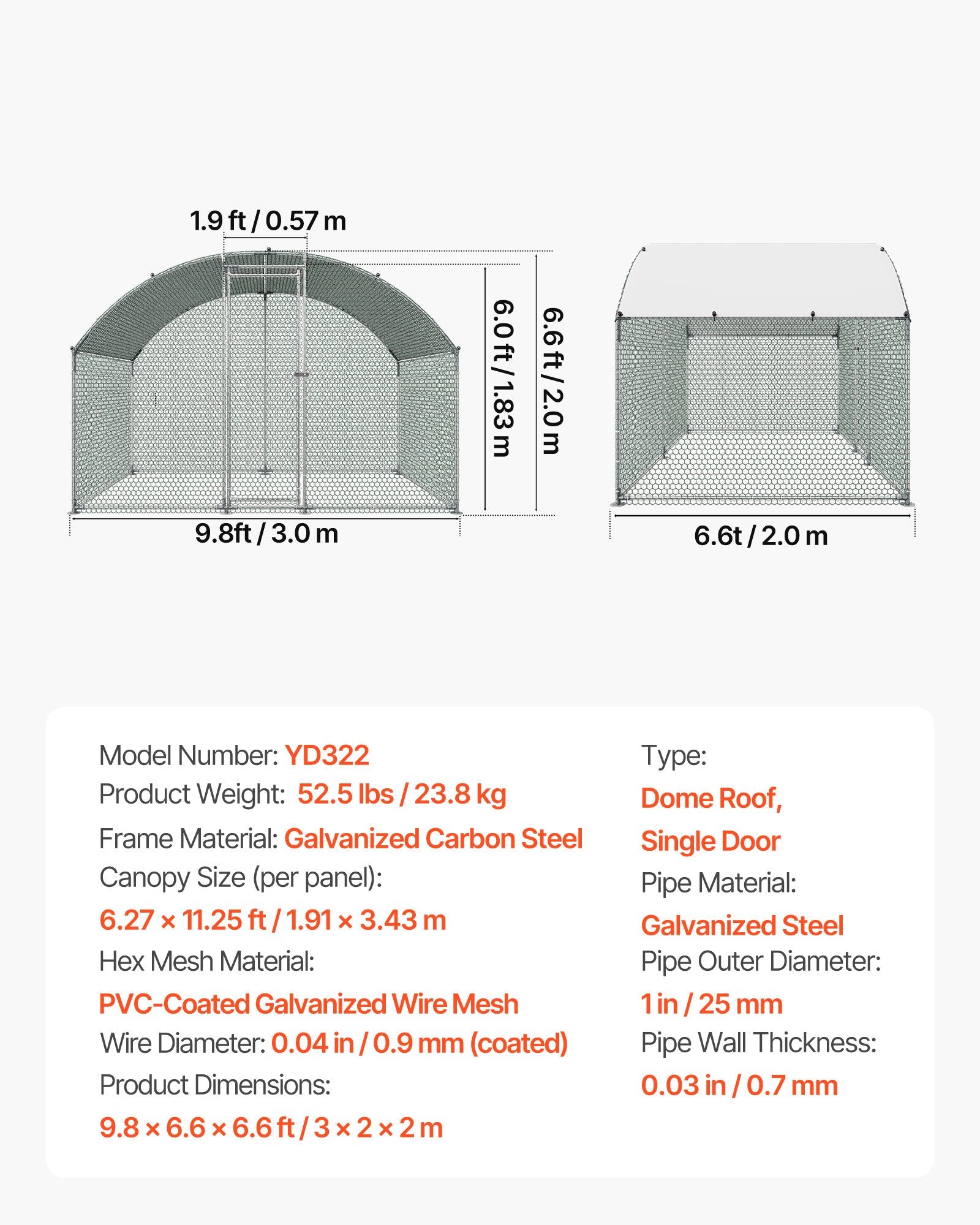 Metalinis vištidės aptvaras VEVOR YD322, 3x2x2 m