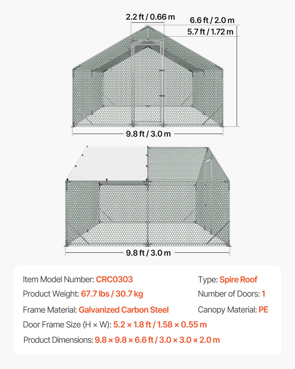 Metalinis vištidės aptvaras VEVOR CRC0303, 3 x 3 x 2 m