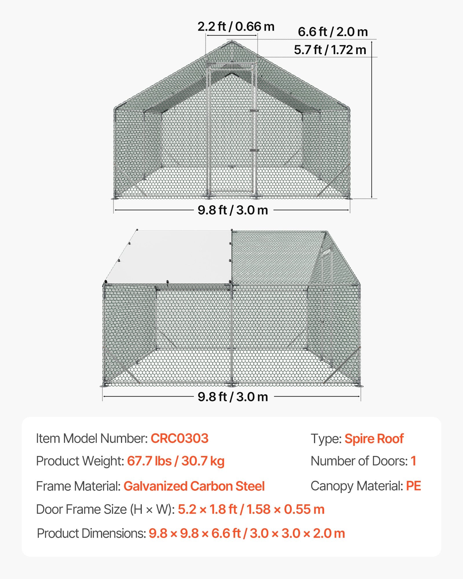 Metalinis vištidės aptvaras VEVOR CRC0303, 3 x 3 x 2 m