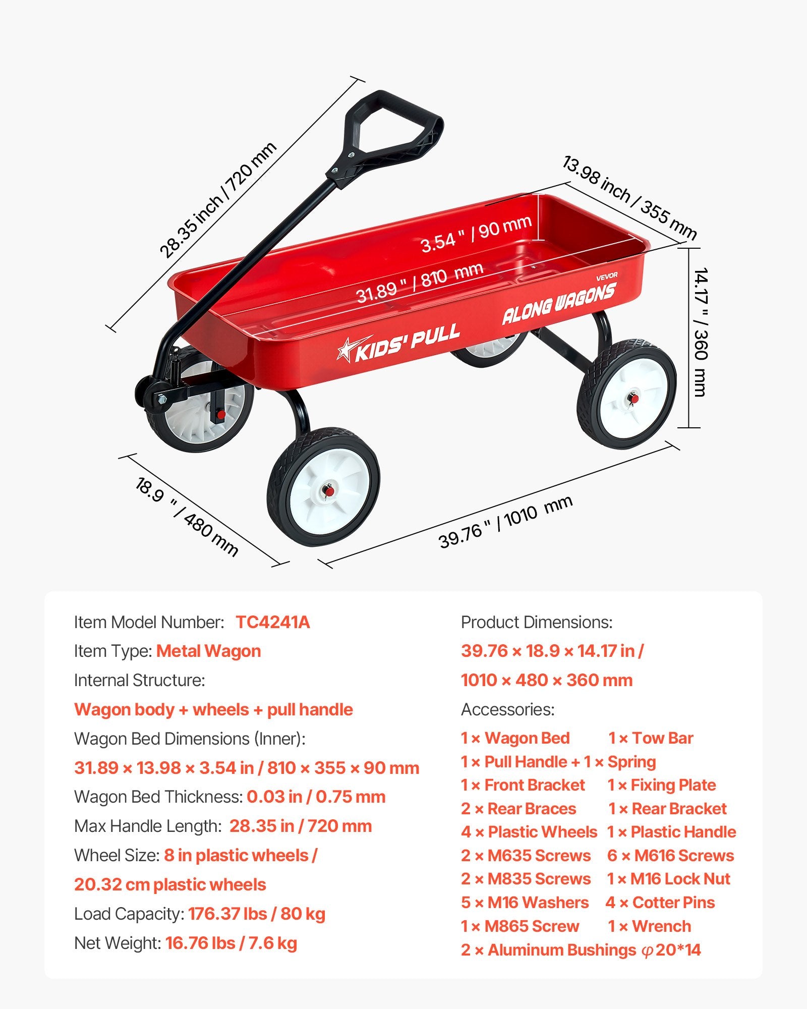 Vaikiškas vežimėlis-vagonėlis VEVOR TC4241A, iki 80 kg apkrova