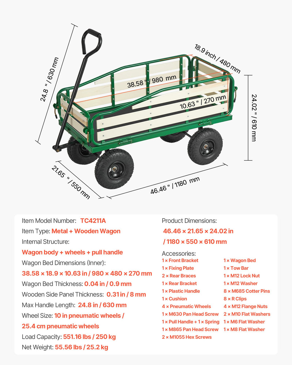 Vaikiškas vežimėlis-vagonėlis VEVOR TC4211A, 250 kg keliamoji galia