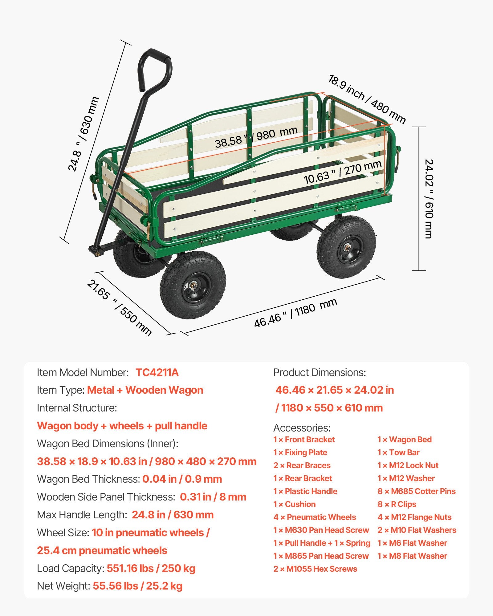 Vaikiškas vežimėlis-vagonėlis VEVOR TC4211A, 250 kg keliamoji galia