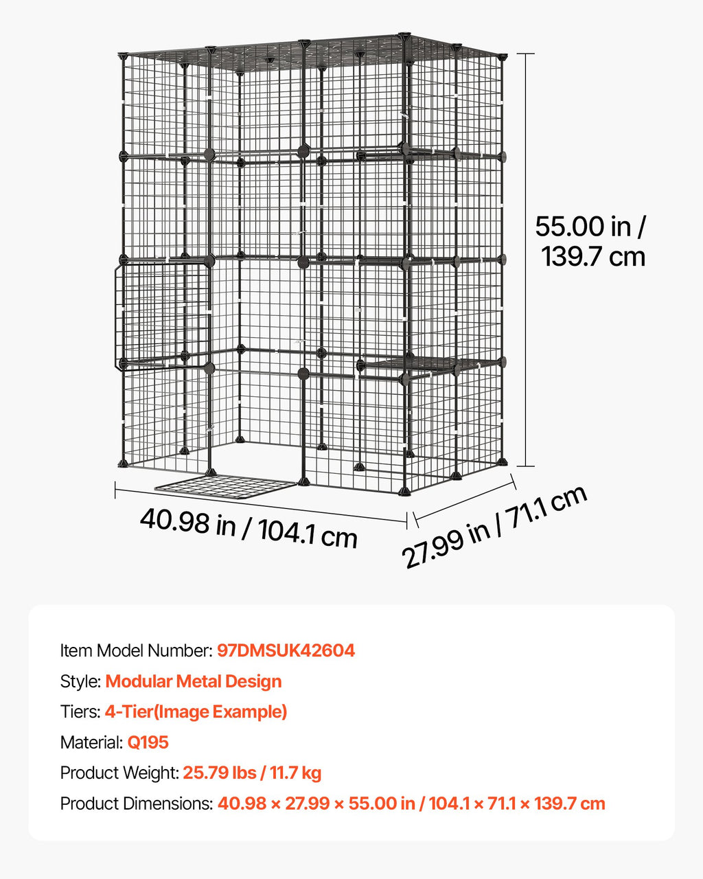 Narvas katėms VEVOR 97DMSUK42604, 4 aukštų, 104x71x140 cm