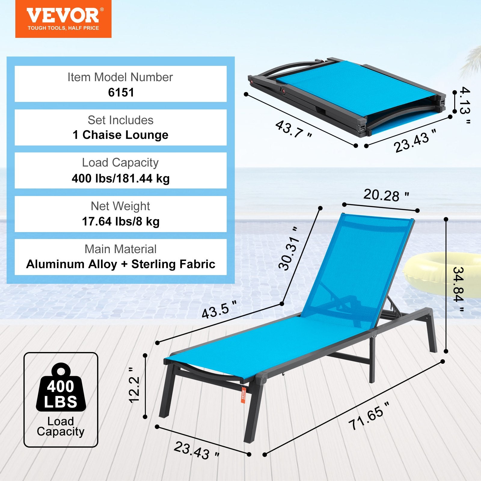 Lauko gultas VEVOR 6151, reguliuojamas (5 padėtys)