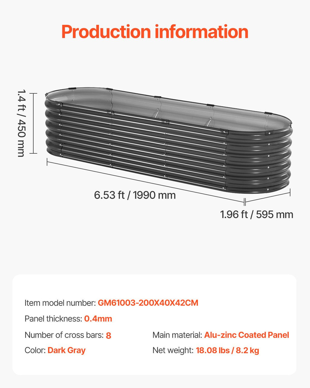 Pakelta lysvė VEVOR GM61003, 200x60x42 cm