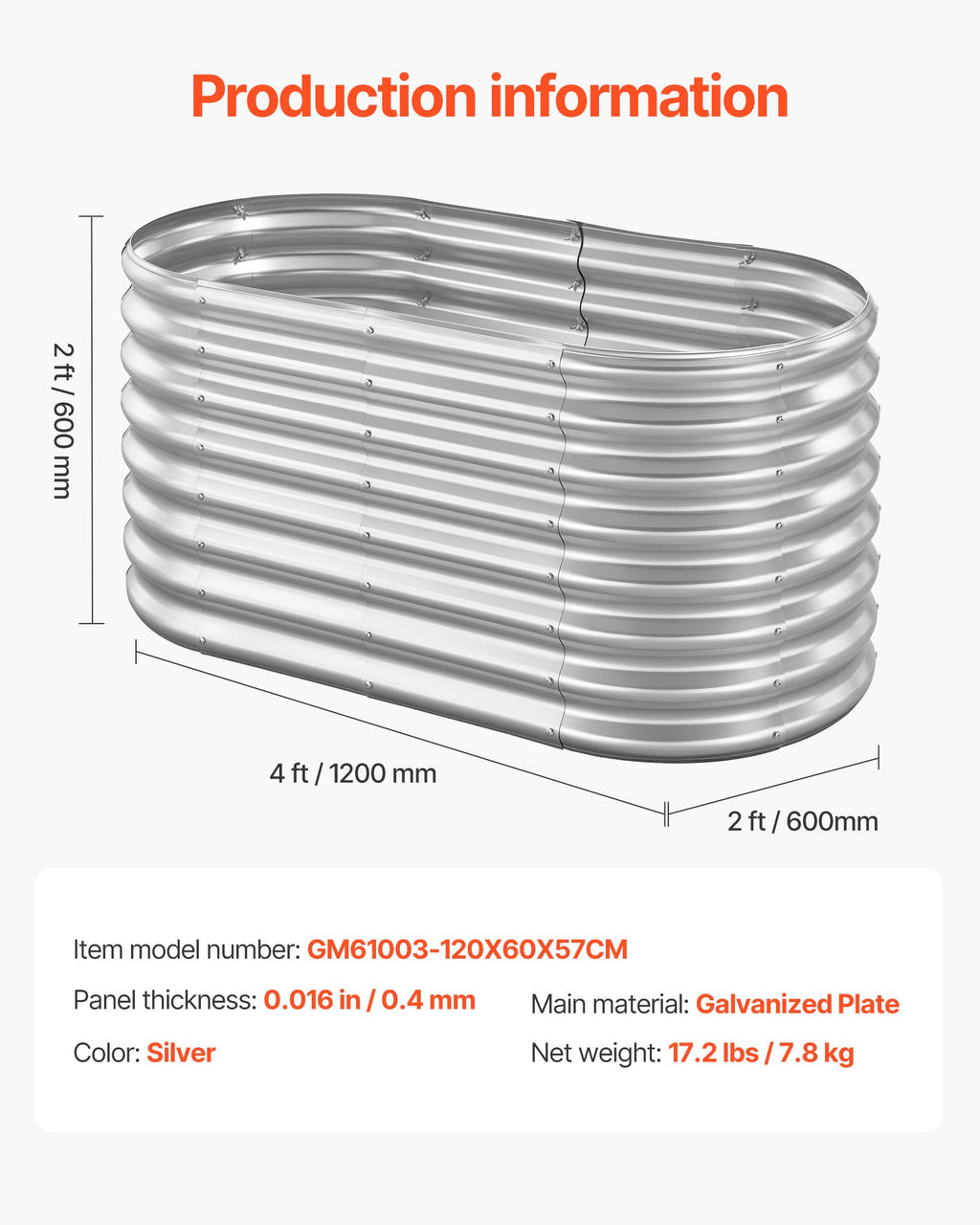 Pakelta lysvė VEVOR GM61003, 120x60x60 cm