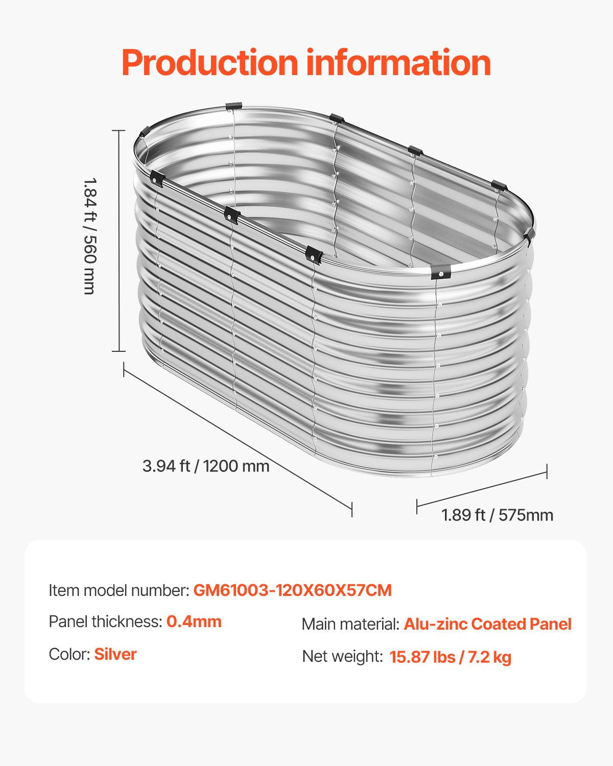 Metalinė pakelta lysvė VEVOR GM61003-120X60X57CM, 120 x 57,5 x 56 cm