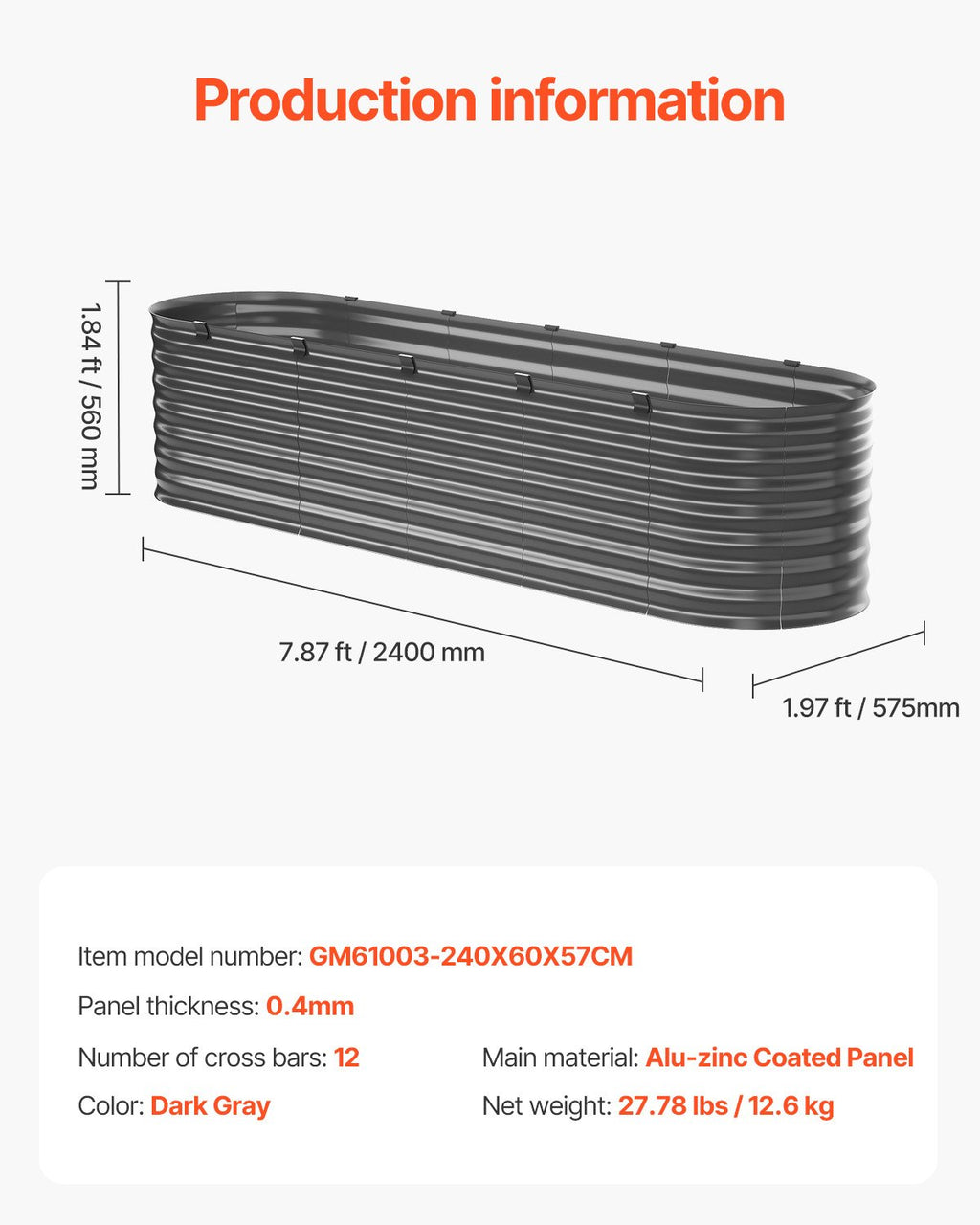 Pakelta lysvė VEVOR GM61003, 240 x 60 x 56 cm