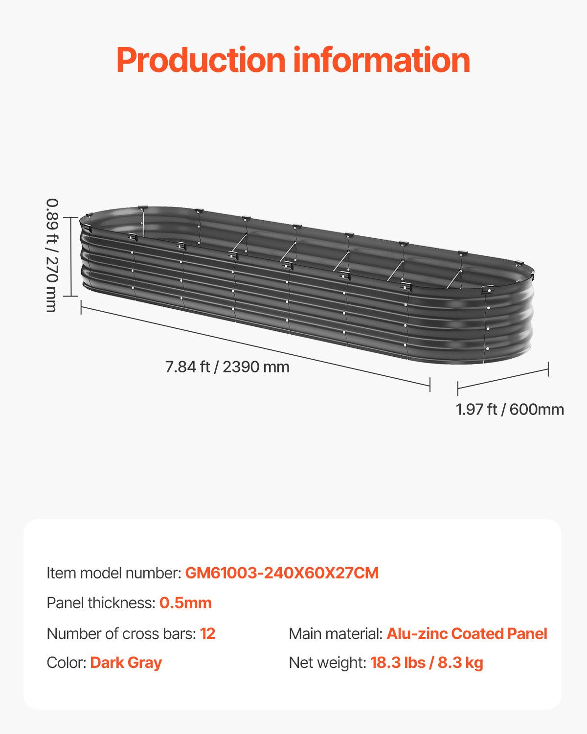 Pakelta metalinė lysvė VEVOR GM61003, 240 x 60 x 27 cm